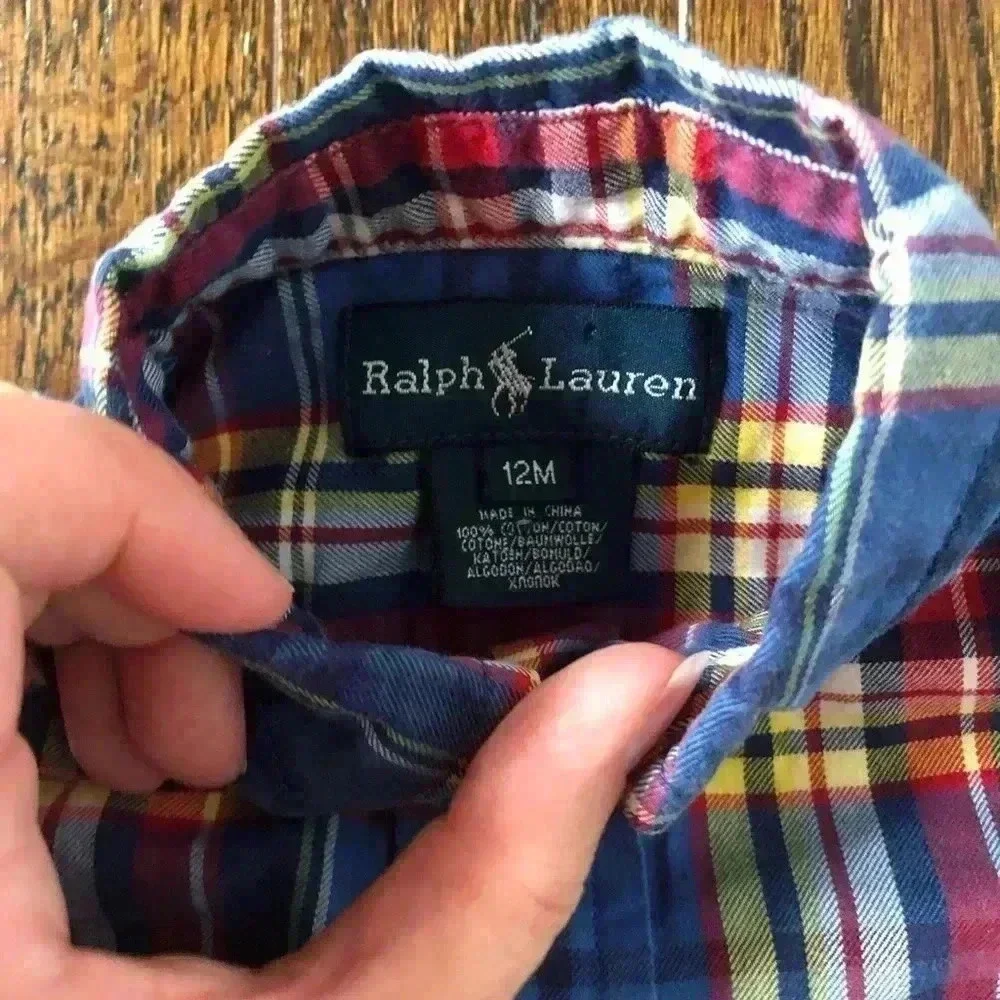 Ralph Lauren Boys 12M Blue/Red/Yellow Plaid Button-Down Oxford Shirt - EUC!